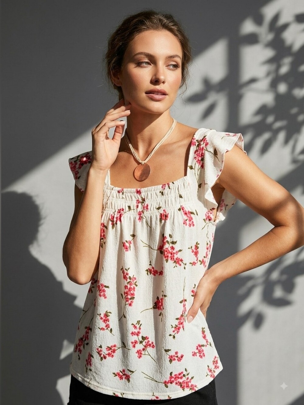 MELLODAY Cottagecore Floral Smocked Peasant Blouse M